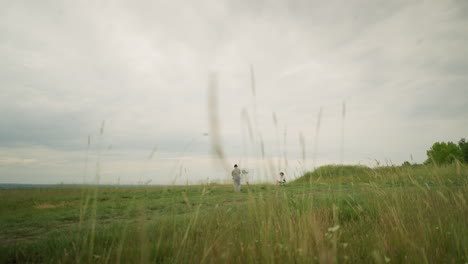 a back view of an artist, wearing a hat and checkered shirt, engrossed in painting on an easel in a peaceful meadow of tall grass under a cloudy sky. a woman in a hat and white gown sits in a chair