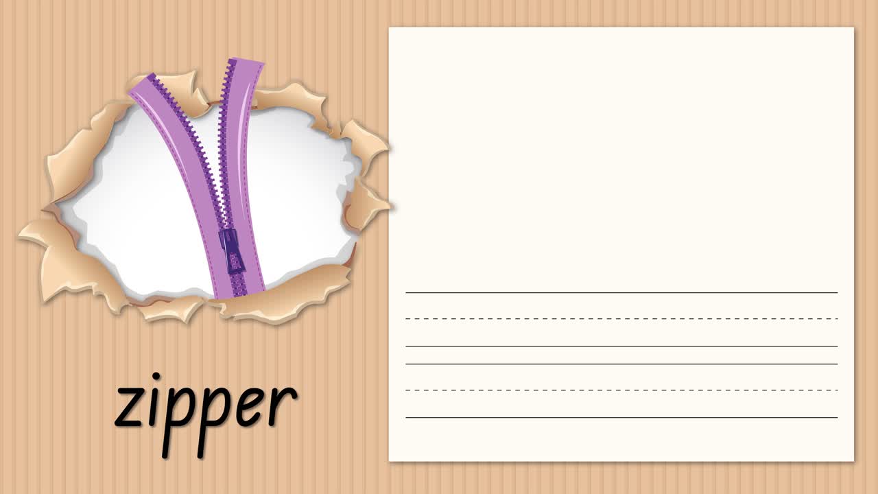 Animated educational graphic teaches letter Z using a zipper illustration and handwriting practice on paper