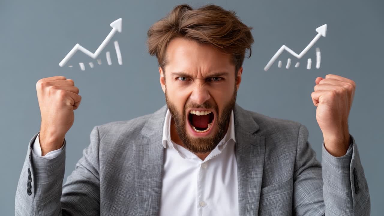 Espressione Dinamica di Successo e Determinazione: Un Uomo d'Affari che Celebra i Risultati con Passione ed Entusiasmo in un Ambiente d'Ufficio Iconico