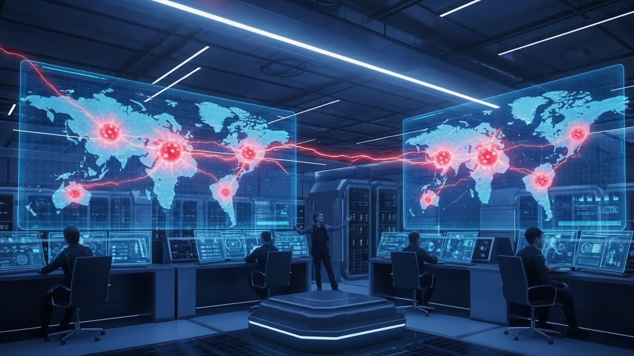 A High-Tech Command Center Visualizing Global Cyber Activity with Interactive Displays Tracking Threats and Connections Across Multiple Regions