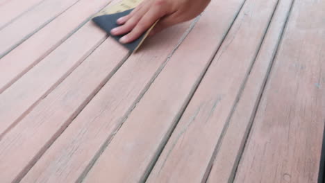 close up footage of a male hand using sand paper to sand a wooden door or table