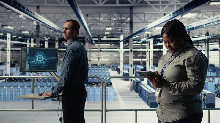 Team Of Data Center Technicians Checks Ai Dashboard Using Laptop