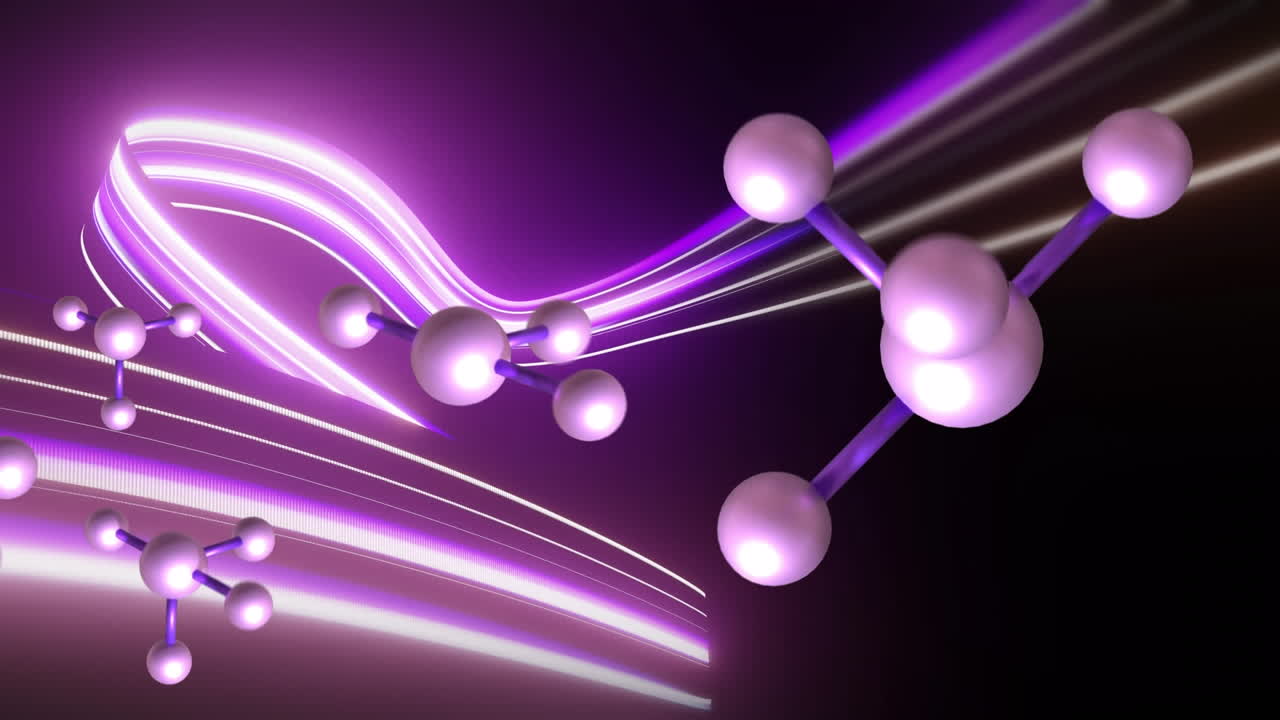 보라색 네온 빛 트레일 배경 위에 분자의 매크로의 애니메이션