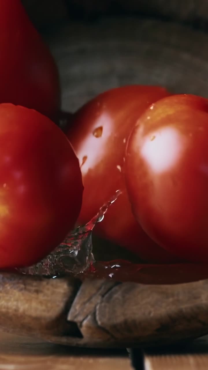 Vertical video: Dropping 3 ripe tomatoes into carved wooden bowl on table, making water droplets