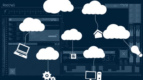 Animation of cloud icons and data processing over dark background