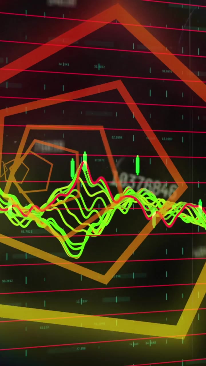 Animazione di tunnel esagonale al neon con motivo continuo su numeri variabili ed elaborazione dati.