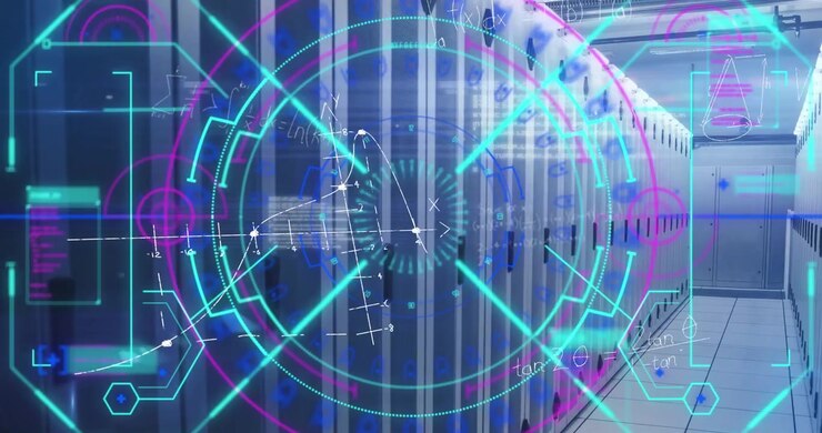 Animation of neon processing circle and math formulas over servers