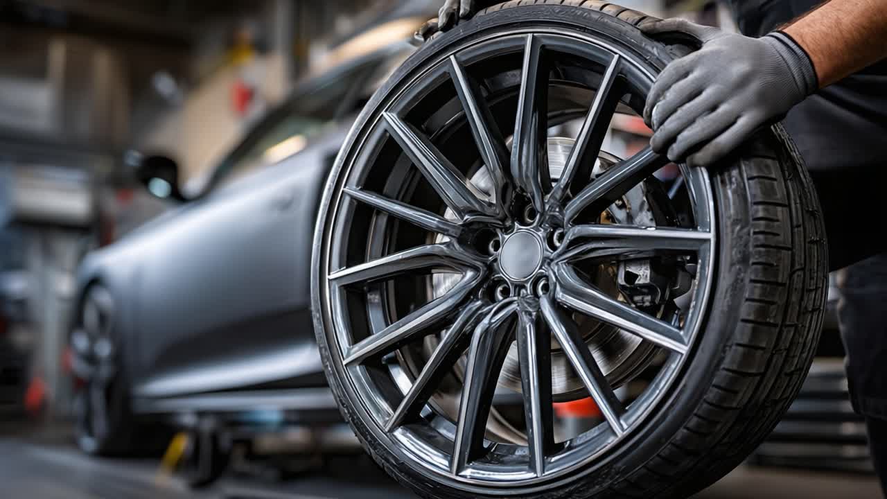 A Mechanic Carefully Handles a Stylish Alloy Wheel While Preparing for an Installation on a High-Performance Vehicle in a Modern Workshop Environment