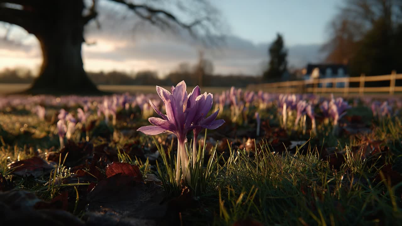 Vibrant Crocus Flowers Emerging in Early Morning Light Beneath a Tree, Showcasing Nature's Beauty in a Serene Landscape with Dew-Kissed Petals
