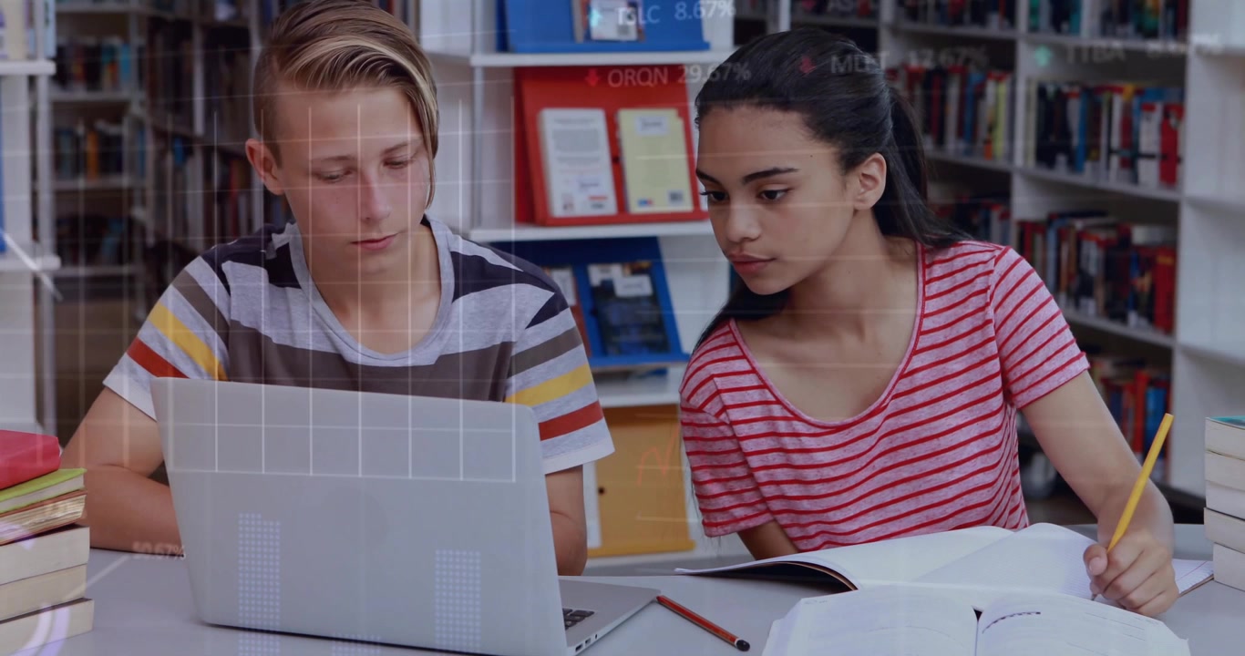 Students studying in library with laptop loading icon appearing and analyzing emerging data graphs