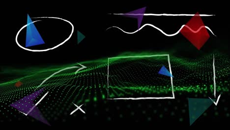 Digital-animation-of-colorful-abstract-shapes-against-green-digital-waves-against-black-background