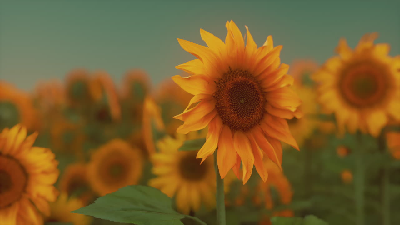 поле с желтыми подсолнухами на закате летом.