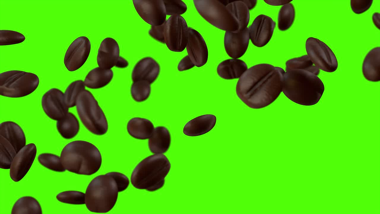 Bellissimi chicchi di caffè tostati astratti cadono e riempiono lo schermo creando una transizione in primo piano al rallentatore su schermo verde. Animazione 3D con Alpha Matte