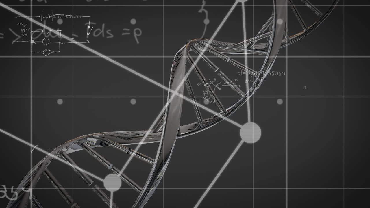검은색 배경에 수학적 방정식 위에 색 모양과 dna 가닥의 애니메이션