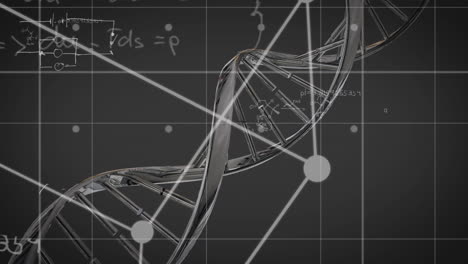 animación de formas blancas y cadena de adn sobre ecuaciones matemáticas en fondo negro