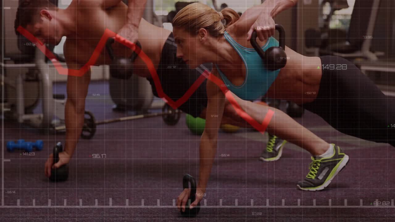 Fitness duo planking with kettlebells performing alternating rows as performance graph pulsing