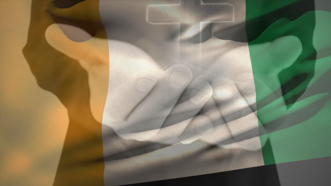 Hands holding light with cross over Irish flag in animation style