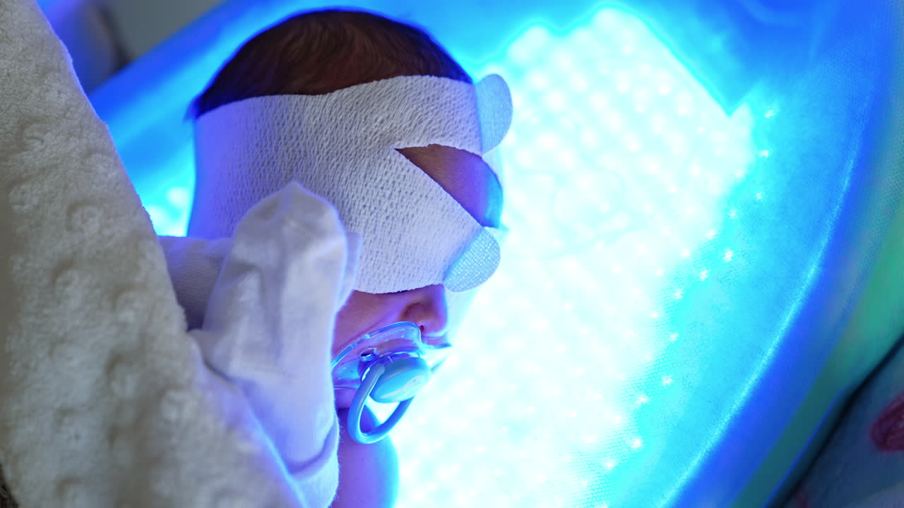 Tiny child with bandage on eyes sleeps on ultraviolet lamp. Hyperbilirubinemia, treatment in the maternity hospital. Close up.