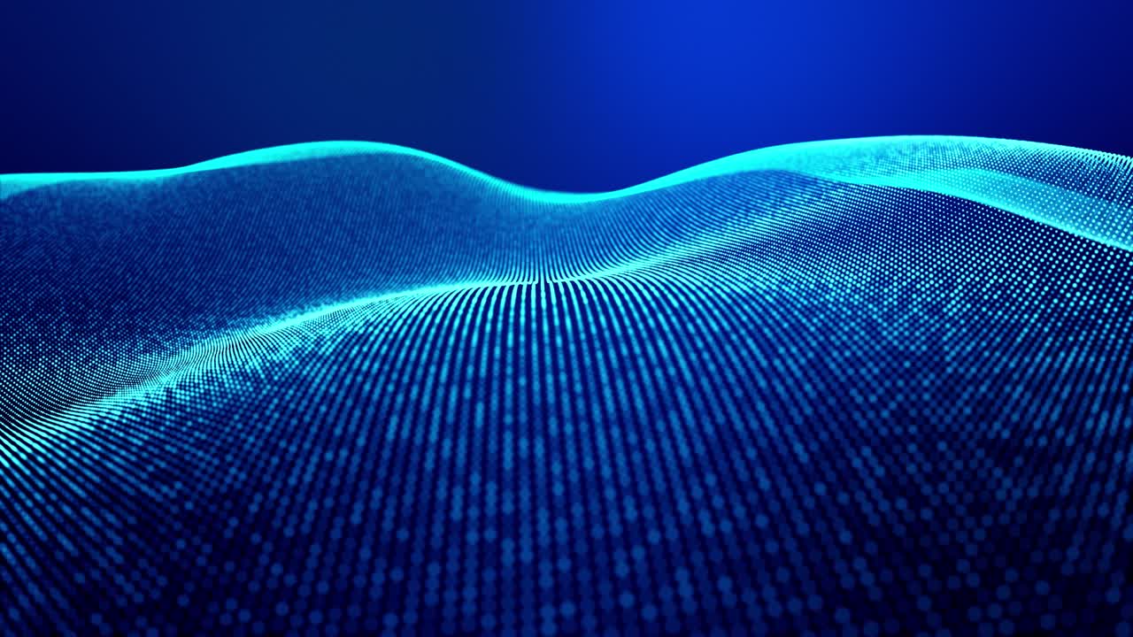 4k looped abstract background of glow particles form lines, surfaces as futuristic landscape in cyberspace or hologram. Sci-fi theme of microworld, nanotechnology or cosmic space. Blue 22
