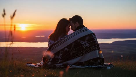 Romantic Embrace at Sunset: A Couple Wrapped in a Blanket Sharing a Tender Moment Overlooking a Breathtaking Scenic View