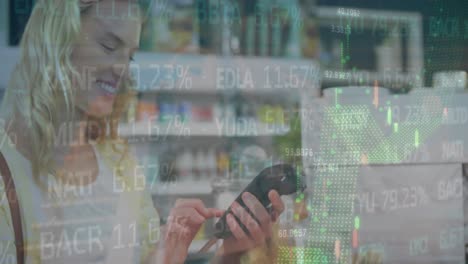 animación del procesamiento de datos financieros sobre la mujer caucásica haciendo pago de tarjetas y terminal.