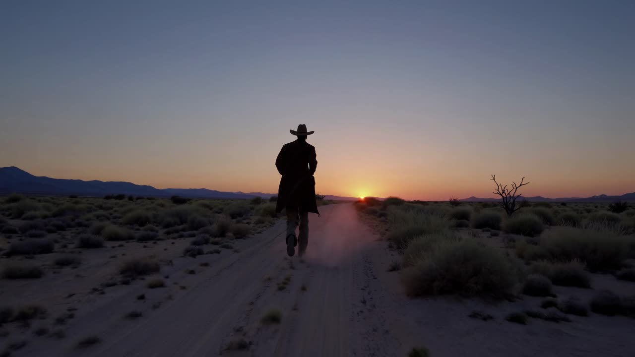 Cowboy Walking Away at Sunset