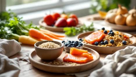 Fresh ingredients such as salmon, colorful vegetables, and grains are beautifully arranged on a wooden table, showcasing a vibrant and healthy meal preparation scene with natural lighting