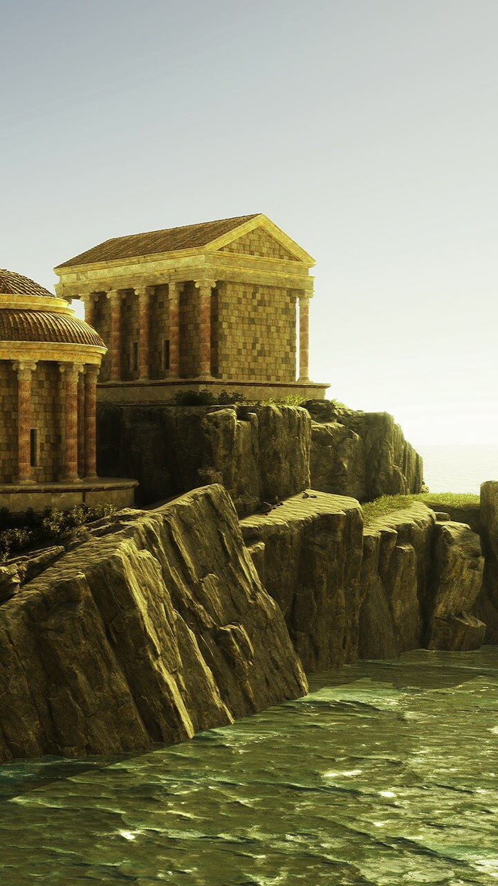 Majestic ancient temple overlooking tranquil waters at sunset