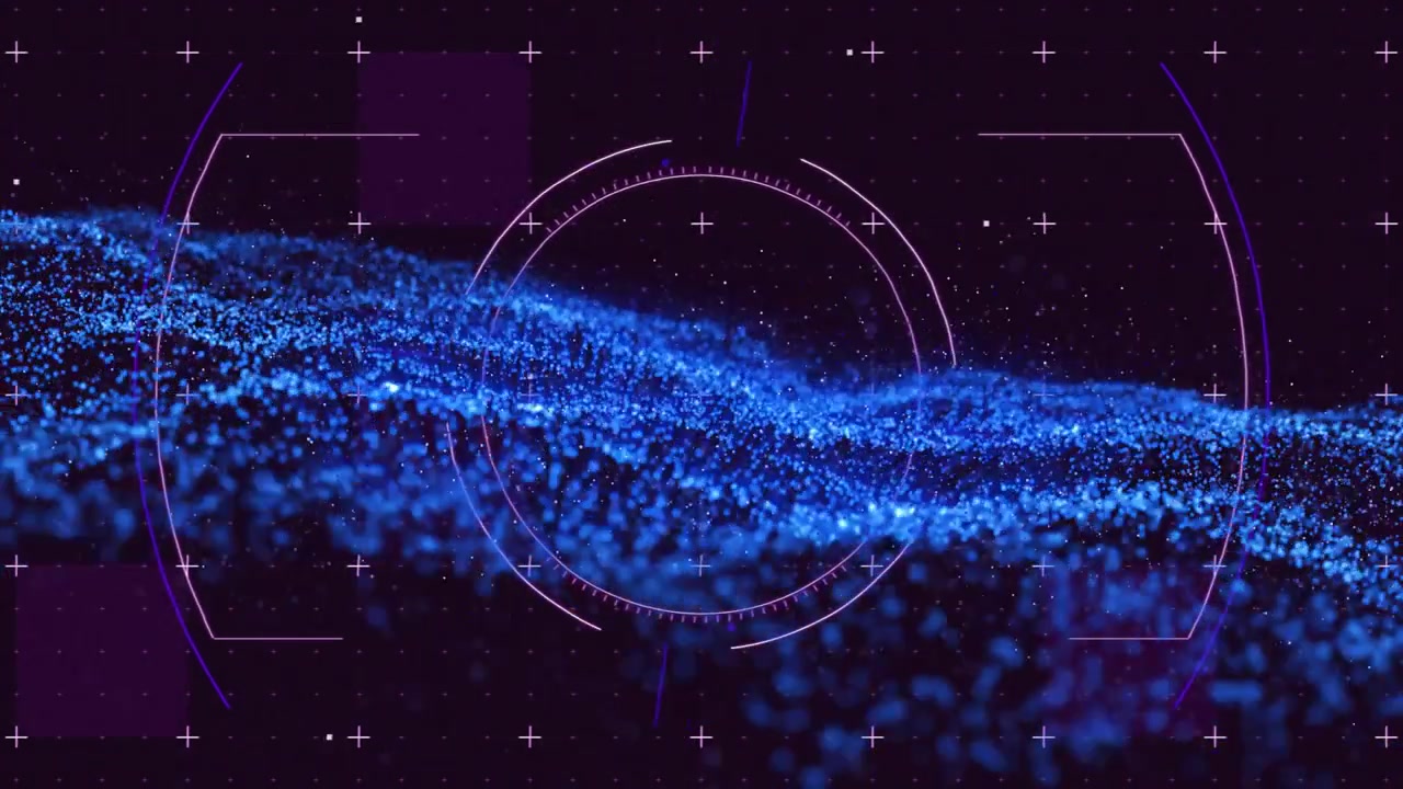 Emerging blue particle stream sweeping upward to show data flow HUD rings rotating over purple grid
