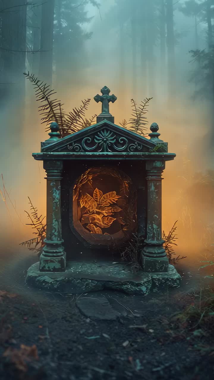 Vertical video: Glowing shrine revealing carved leaf in conifer woods, as warm backlight rising