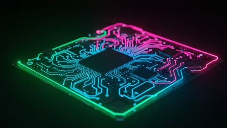 a vibrant circuit board illuminated by neon colors: a stunning representation of technology and electronics in a dark background setting