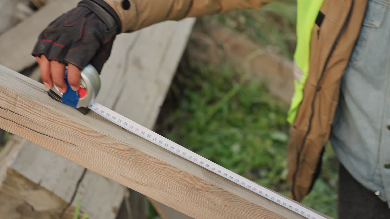 Misurazione di un'asse di legno all'aperto per una riparazione, mani guantate che usano un metro a nastro per segnare la linea di taglio su un'asse stagionata, atmosfera grintosa del cantiere, allineamento e preparazione accurati per la sistemazione da parte di un falegname.