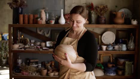 Light brown vase from clay in the female potter&#039;s hands. A young and cheerful woman holding a vase of clay. The potter works in a pottery workshop with clay. Enjoying the perfect shape