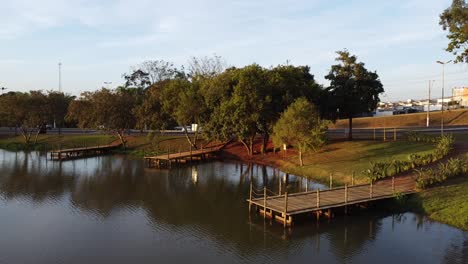 conjunto de muelles en un lago con coches que pasan en el fondo y árboles, luz suave de un atardecer