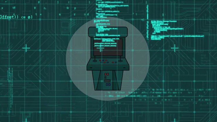 Animasjon av databehandling over en spillmaskin på grønn bakgrunn med integrert krets.