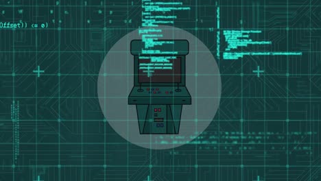 animation of data processing over gaming machine on green background with integrated circuit