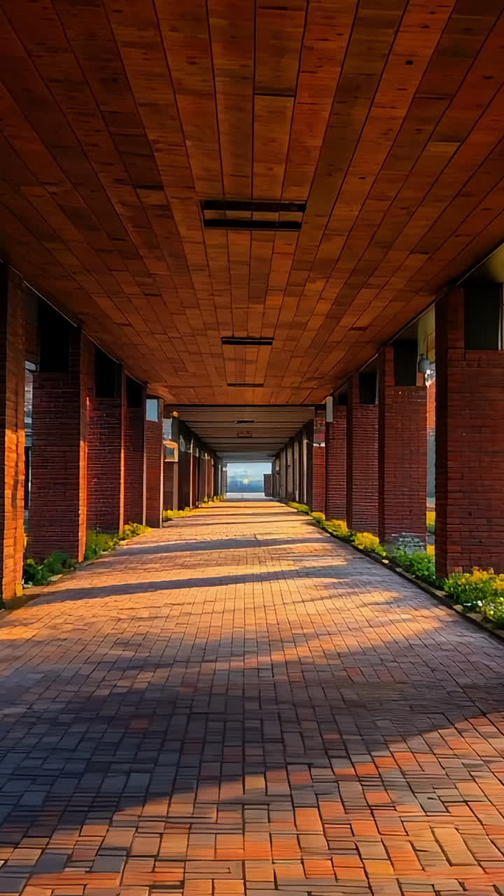 Autumn Morning Walk in Scenic Park With Brick Pathway and Sunlit Trees. A serene pathway lined with trees provides a peaceful autumn stroll, bathed in warm morning light and surrounded by vibrant foliage.