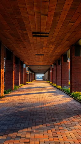 autumn morning walk in scenic park with brick pathway and sunlit trees. a serene pathway lined with trees provides a peaceful autumn stroll, bathed in warm morning light and surrounded by vibrant foliage.