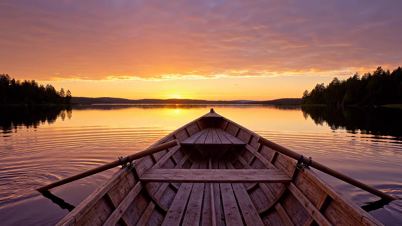Wooden rowing boat on calm lake at golden sunset
