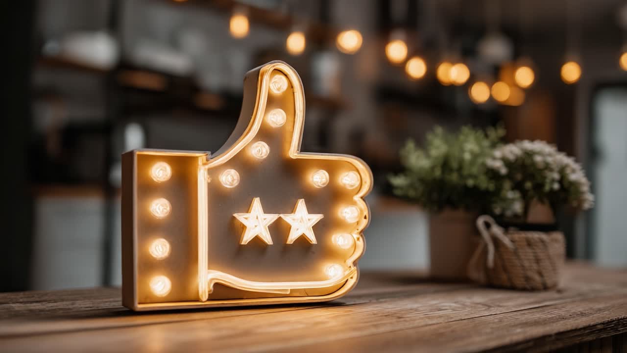 A Warm and Inviting Atmosphere Highlighted by a Decorative Neon-Lit Thumb-Up Sign, Perfectly Illustrating Theme of Positivity and Approval in a Cozy Environment