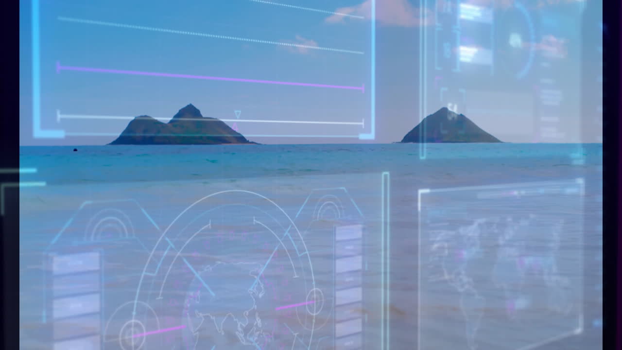 Two volcanic islands rising against horizon, displaying transparent neon UI overlays with charts