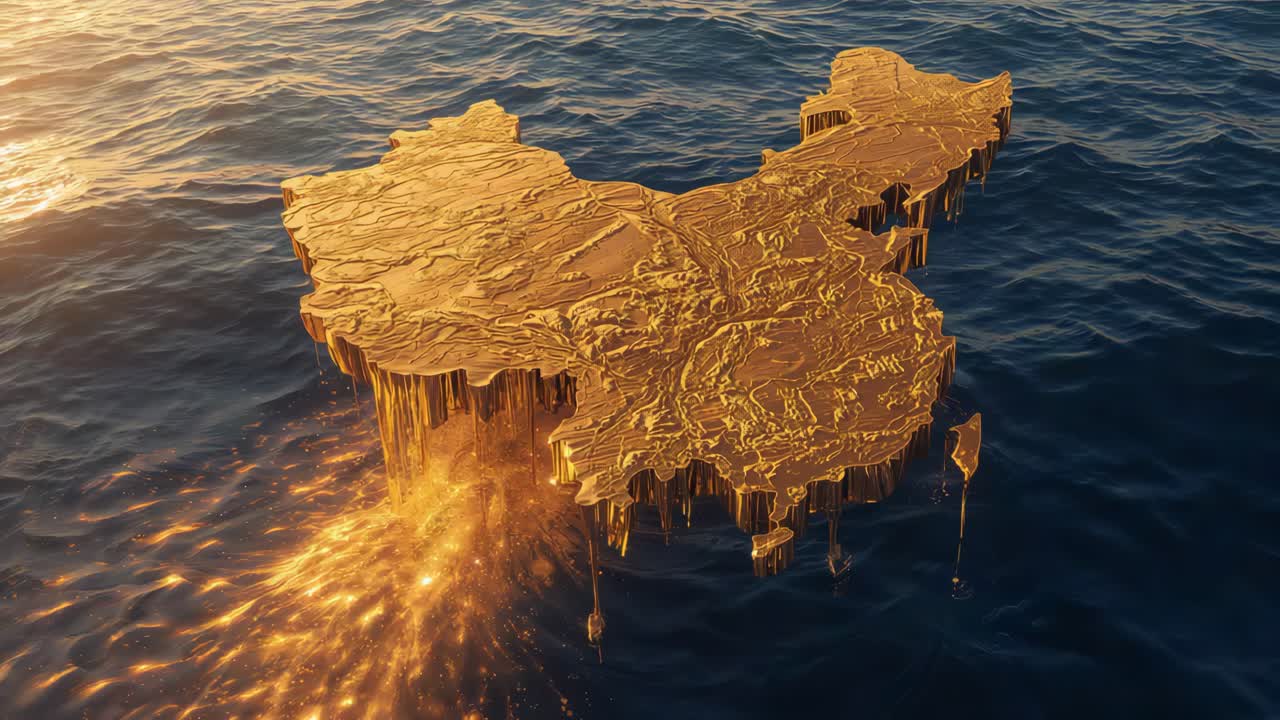 Golden China Map in the Ocean