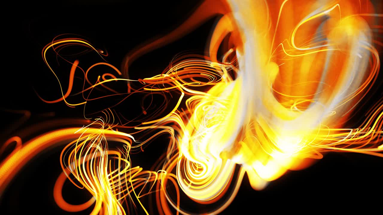 поток частиц образует извилистые желтые линии, похожие на светящиеся световые следы, линии образуют вращающийся рисунок, похожий на извилистый шум. абстрактная 3d-анимация как яркий творческий праздничный фон. быстрые линии света