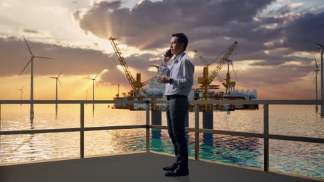 businessman on offshore wind farm platform at sunset