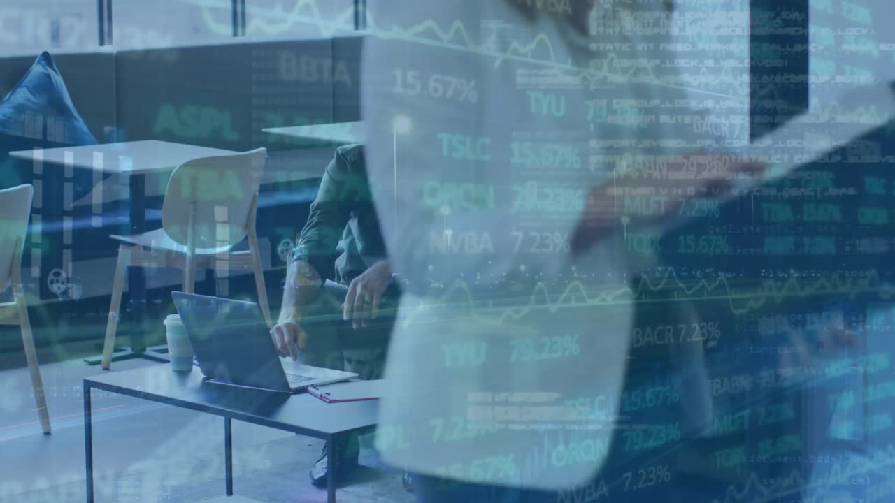 Animation of trading board, binary code, database over caucasian coworkers discussing over laptop