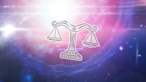 animación del signo de la estrella de la libra sobre el sol brillando y las estrellas en la noche de color rosa a cielo azul