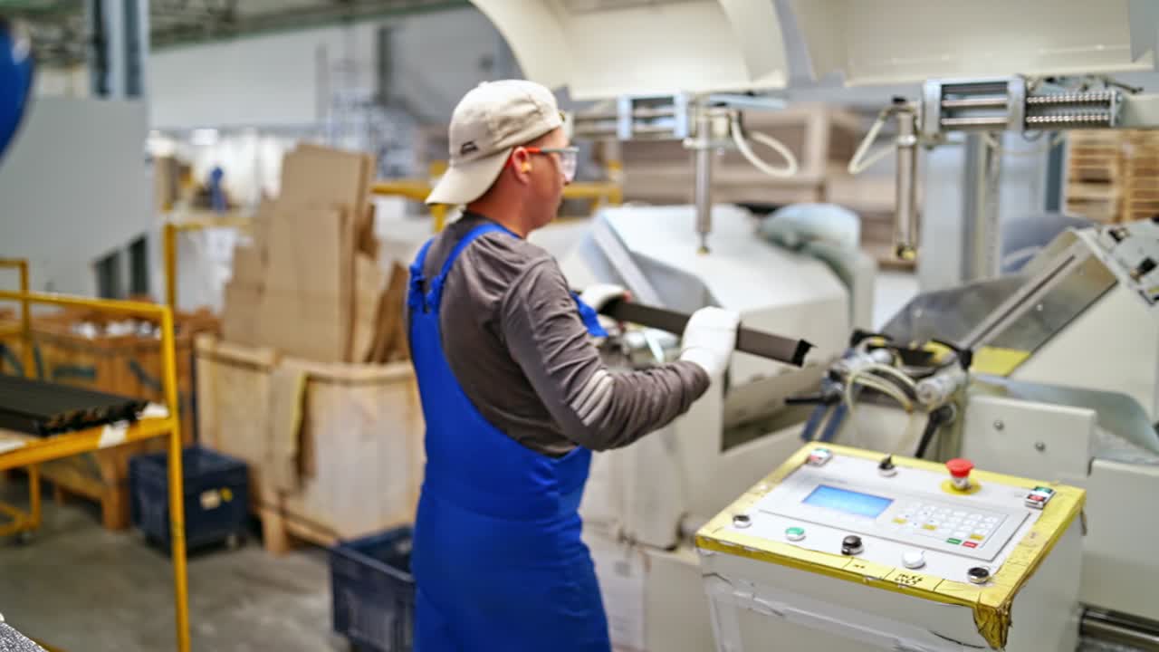 Worker operating in industrial factory. Portrait of heavy industry manual worker at factory