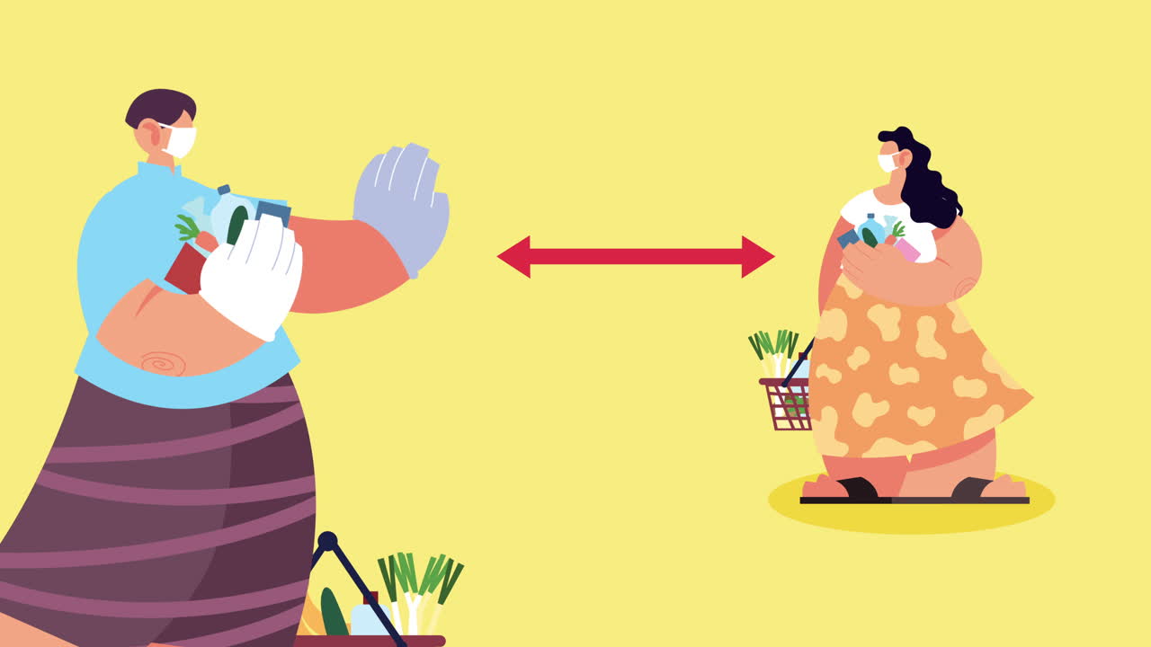 메디컬 마스크를 착용한 주부들이 코로나19에 대한 식료품을 구입하면서 사회적 거리를 지키고 있습니다.