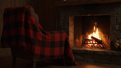 cozy evening by the fireplace with plaid blanket and armchair