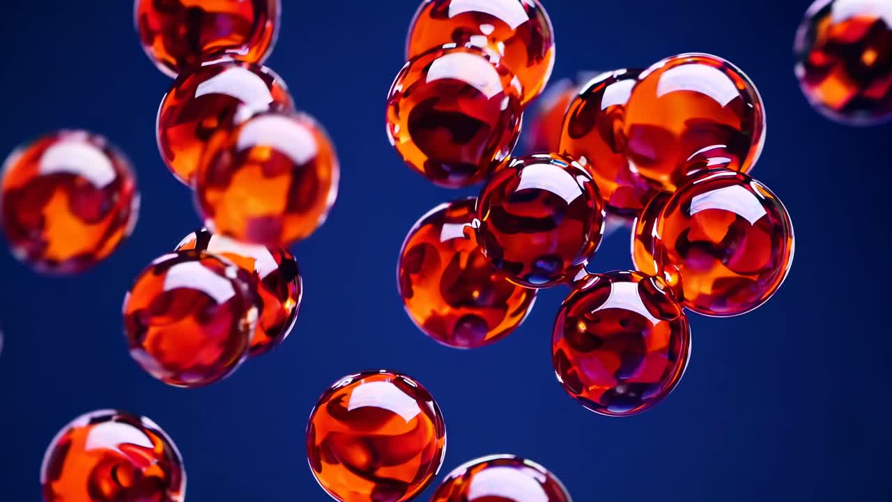 Close-up video of glossy red spheres against a deep blue background, showcasing a dynamic